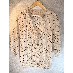 Old Navy Women’s Size Large Beige Black Polka Dot Blouse 3/4 Sleeve Ruffle